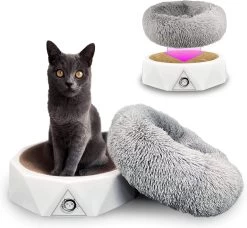 S.HE Kattenmeubel, Modern 2-in-1 Multifunctioneel Kattenbed + Krabplank [ Om Te Slapen, Krabben En Te Spelen] Kattenbank Bestaande Uit Krabmeubels + Donutkussen, Kleur Wit