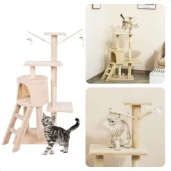 Cheqo® XL Kattenkrabtoren Wit – Krabtoren – Krabpaal – Huis Voor Katten – Krabton – Kattenhuis – 45x30x110cm – Beige – 6 Palen, 4 Planken, 1 Ladder, 1 Nest, 2 Speelgoedmuizen Met Stokken En Touw