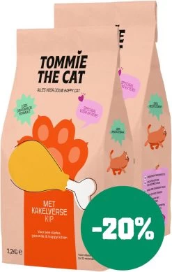 Tommie The Cat – 100% Graanvrije Kattenbrokken – Kattenvoer Droogvoer Voor Kittens – Bomvol Verse Kip En Zalm – 2 Zakken – 4,4kg
