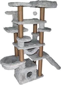 Topmast Krabpaal Fluffy Malta – Grijs – 166 X 65 X 173 Cm – Krabpaal Voor Grote Katten En Zware Katten – Met Kattenhuis En Hangmat – Stevig Sisal Touw